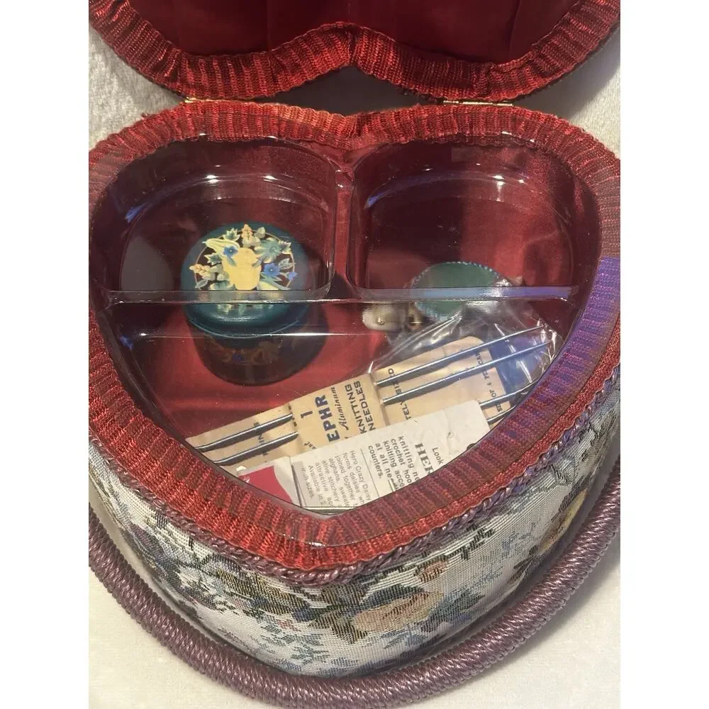 Heart Sewing Basket Notions Vintage Granny Chic Floral Red Collector Crafts Lot